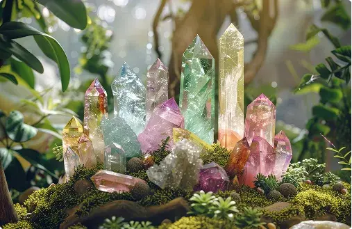 collection-colorful-crystals-are-displayed-mossy-rock